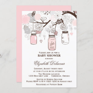 Pink and Grey Mason Jars Baby Shower Invitations