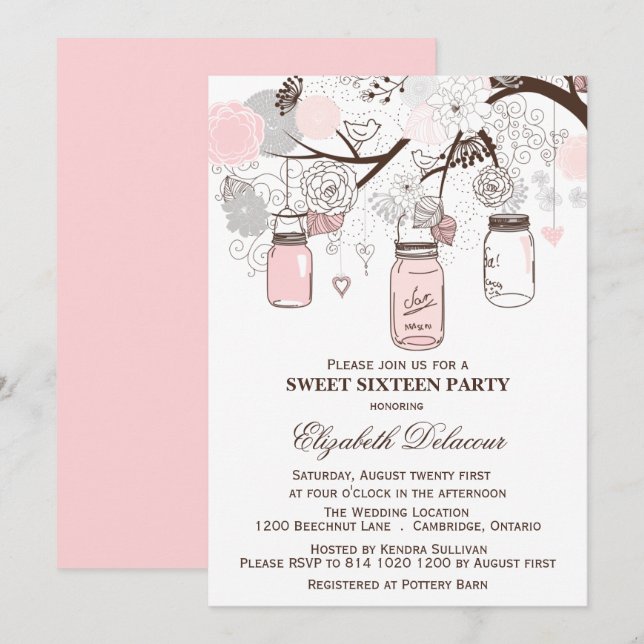 Pink and Grey Mason Jars Sweet Sixteen Invitation (Front/Back)