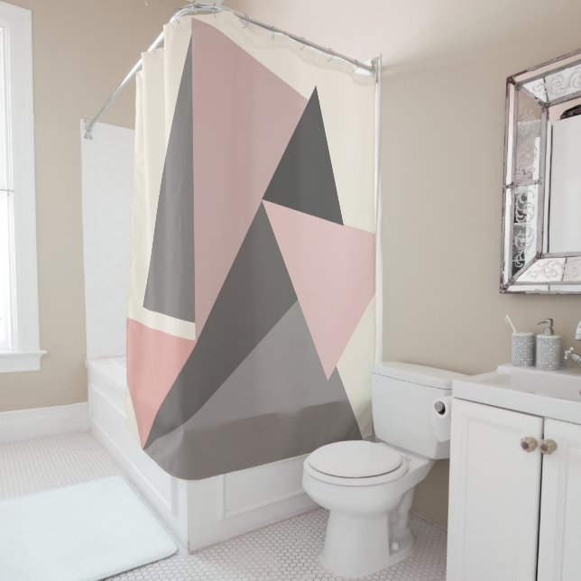 Pink and Grey Mid-century Modern  Geometric Shower Curtain (In Situ)