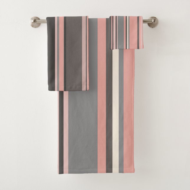Pink and Grey Mid-century Modern Stripes   Bath Towel Set (Insitu)