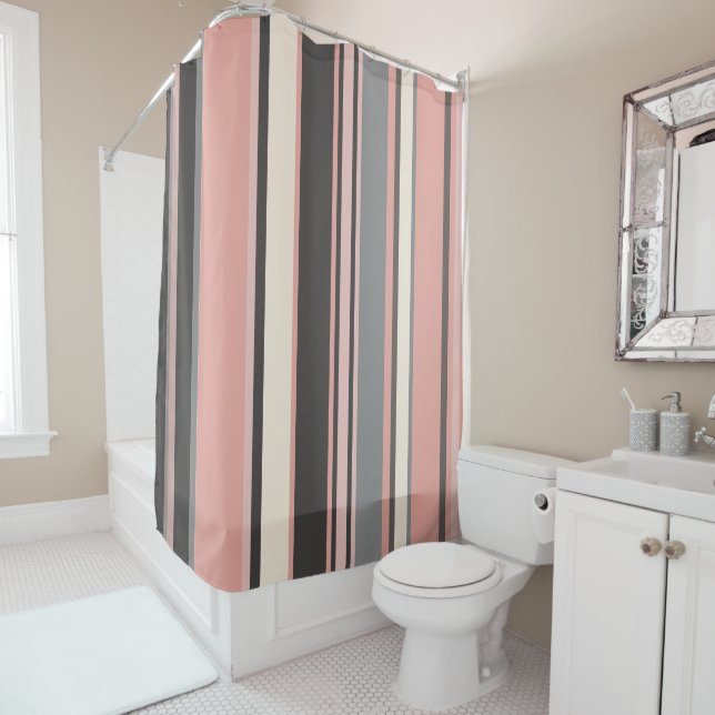 Pink and Grey Mid-century Modern Stripes   Shower Curtain (In Situ)