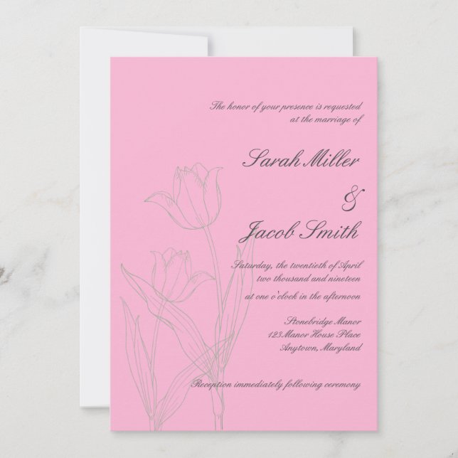 Pink and Grey Minimalist Tulip Wedding Invitation (Front)