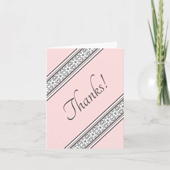 Pink and Grey Modern Floral Diagonal Stripe Thank You Card (Front)