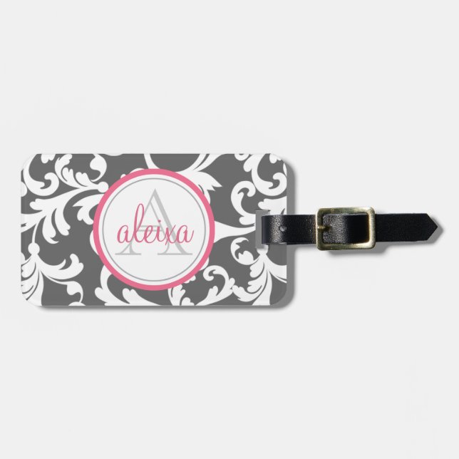 Pink and Grey Monogrammed Damask Print Luggage Tag (Front Horizontal)