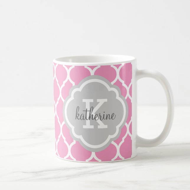 Pink and Grey Moroccan Quatrefoil Monogram Coffee Mug (Right)
