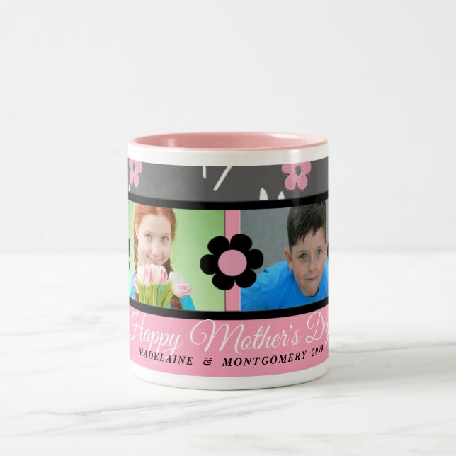 Pink and Grey Mother's Day Floral 2 Photo Two-Tone Coffee Mug (Center)