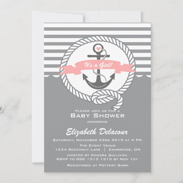 Pink and Grey  Nautical Baby Shower Invitation (Front)