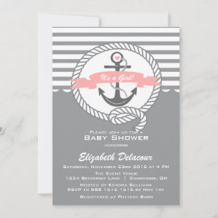 Pink and Grey Nautical Baby Shower Invitation