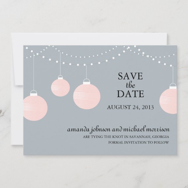 Pink and Grey Paper Lantern Wedding Save the Date (Front)