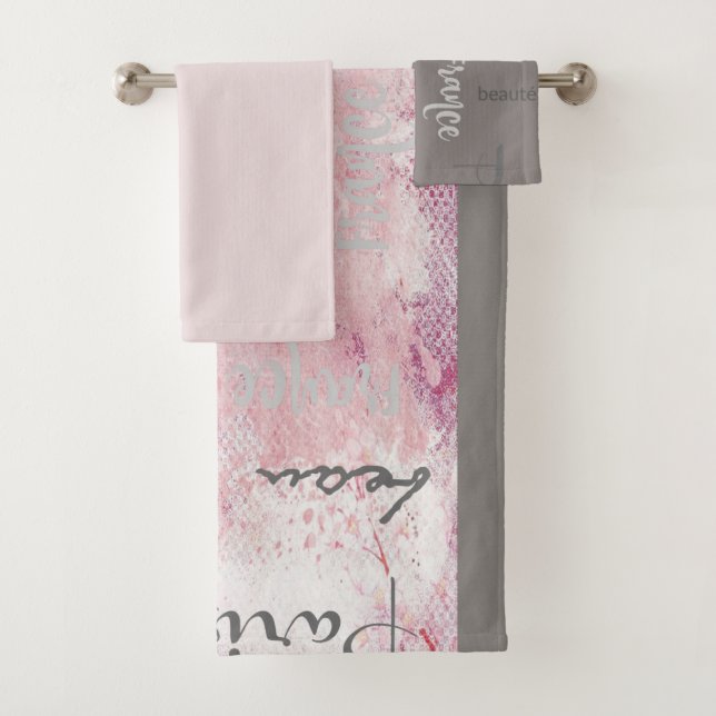 Pink and Grey Paris Eiffel Tower and French Text Bath Towel Set (Insitu)