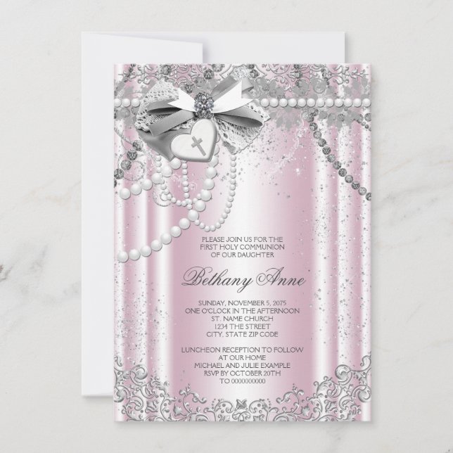 Pink and Grey Pearl First Communion Invitation (Front)