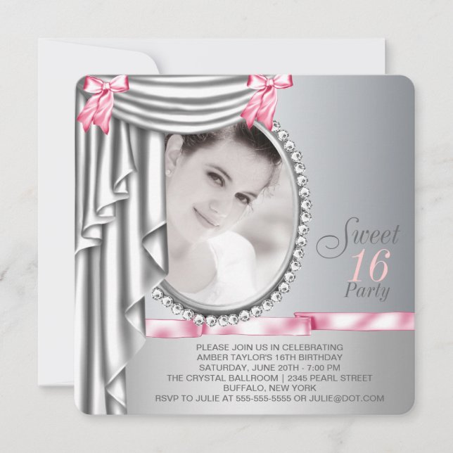 Pink and Grey Photo Sweet 16 Birthday Party Invitation (Front)