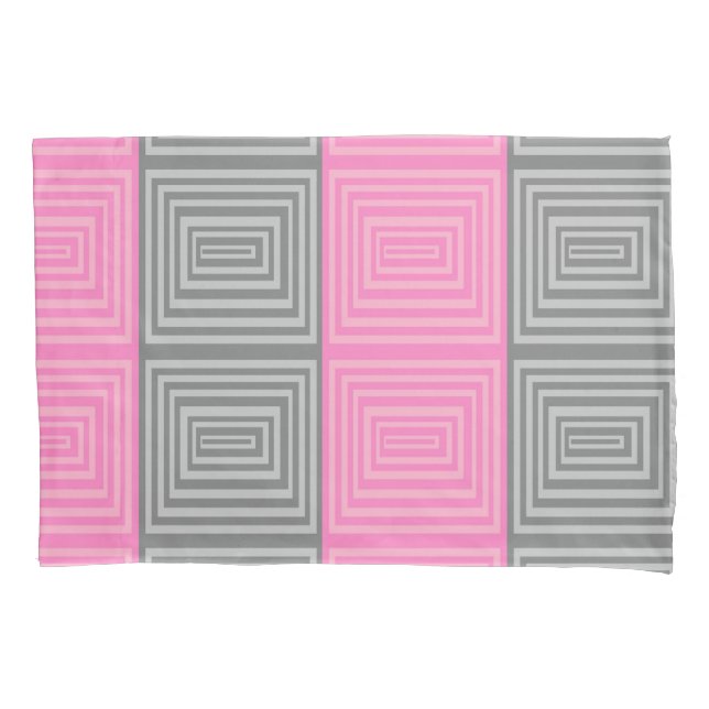 Pink and Grey Pillow Case With Geometric Pattern  (Front)
