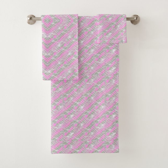Pink and grey plaid pattern  throw pillow bath towel set (Insitu)