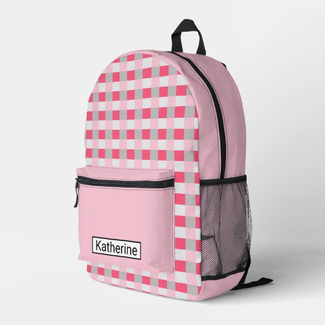 Pink and grey plaid  printed backpack (Back Corner Right)