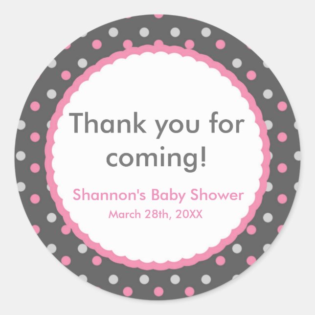 Pink and Grey Polka Dot Baby Shower Party Sticker (Front)