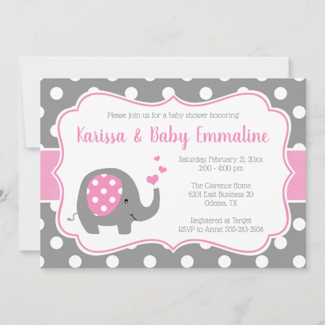 Pink and Grey Polka Dot Elephant Baby Shower Invitation (Front)