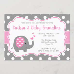 Pink and Grey Polka Dot Elephant Baby Shower Invitation