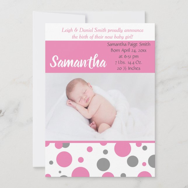 Pink and Grey Polka Dots  | Baby Girl Photo Birth Announcement (Front)