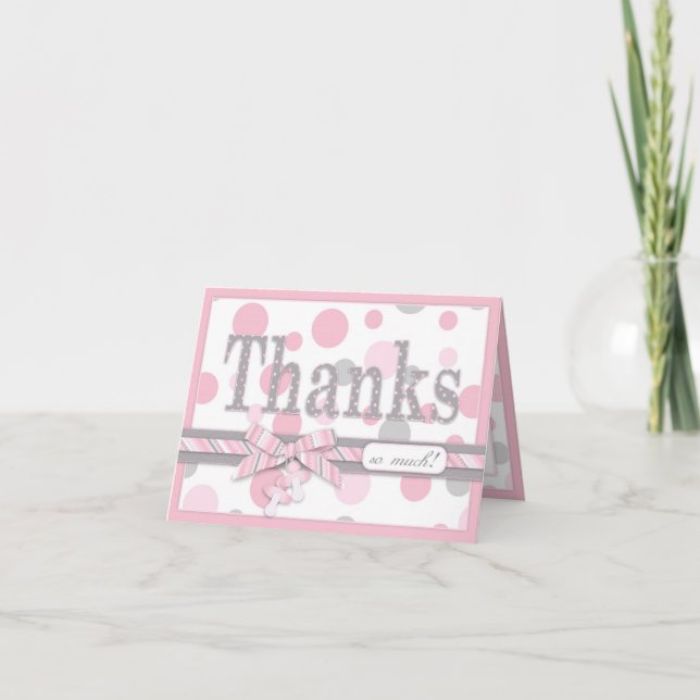 Pink and Grey Polka Dots Thank You Baby Shower Card (Front)