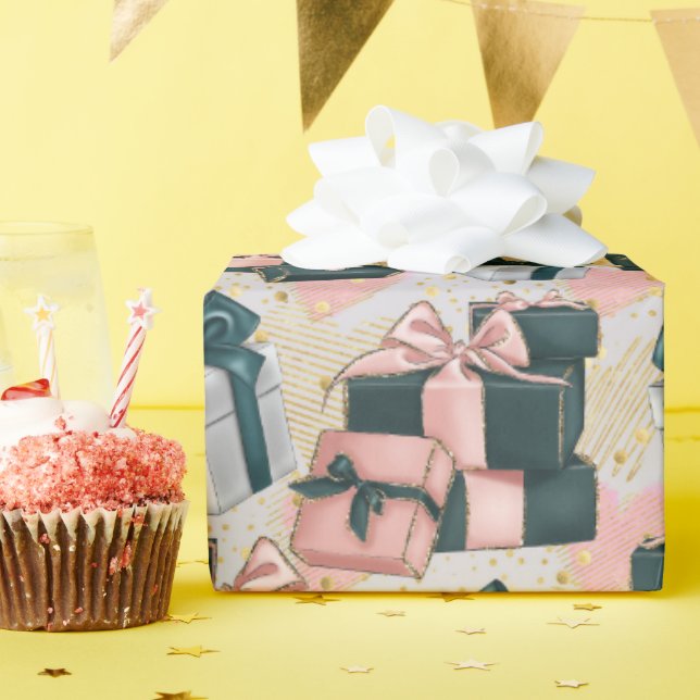 Pink and Grey Pretty Wrapped Presents Birthday Wrapping Paper (Birthday Party)