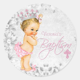 Pink and Grey Princess Baptism Classic Round Sticker