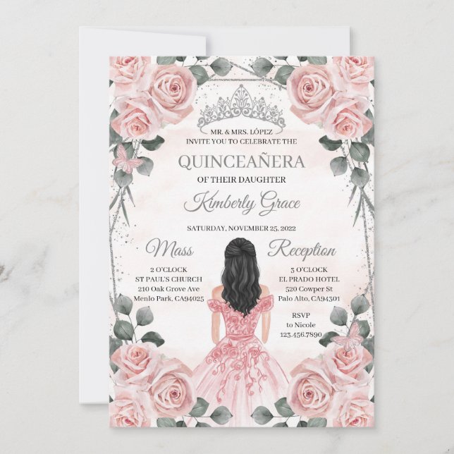 Pink and Grey Princess Quinceanera Birthday Invitation (Front)