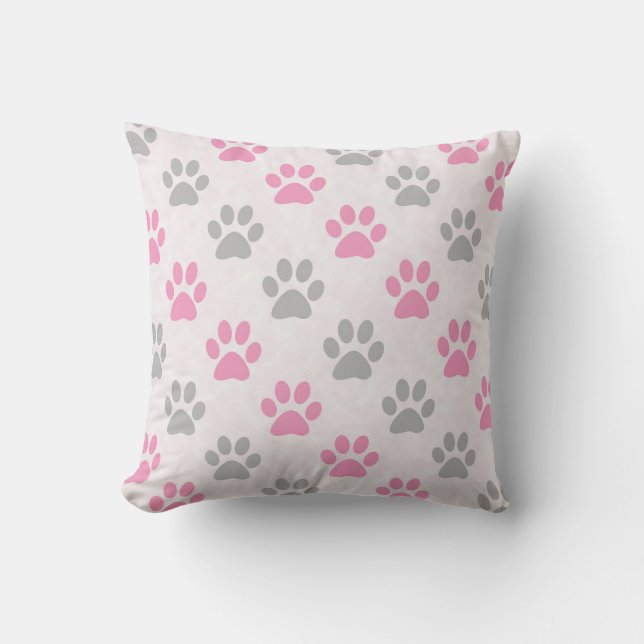 Pink and grey puppy paws pattern cushion (Front)