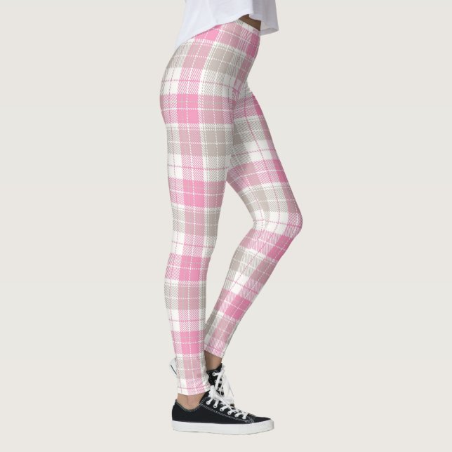 Pink and Grey Retro Plaid Art Leggings (Right)