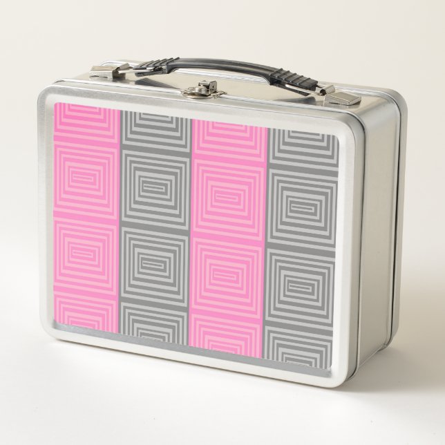 Pink and Grey Retro Style Metal Lunchbox (Front)