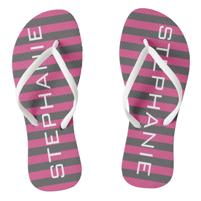 Pink and Grey Rugby Stripes with Custom Name Flip Flops (Footbed)