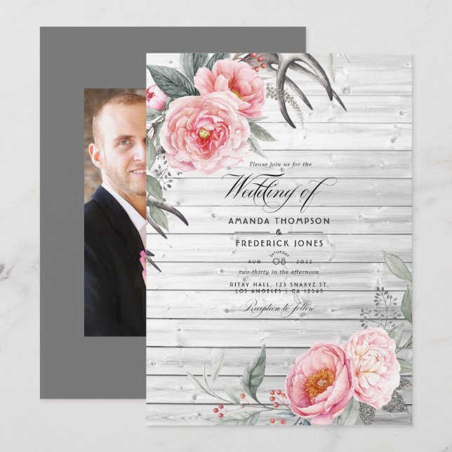 Pink and Grey Rustic Bohemian Floral Wedding Invitation (Front/Back)