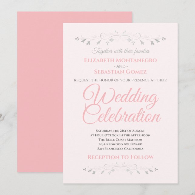 Pink and Grey Simple Elegant Wedding Invitation (Front/Back)