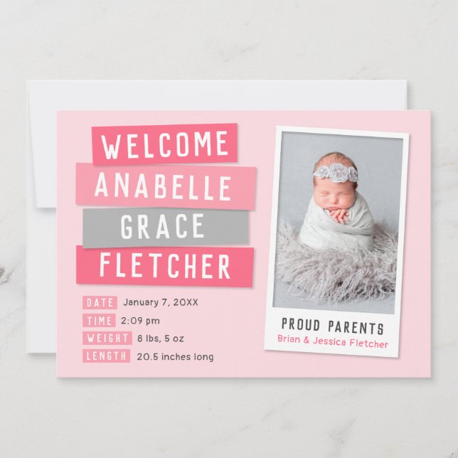 Pink and Grey Snapshot 2 Photo Birth Announcement (Front)