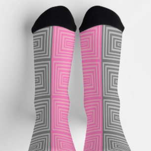 Pink and Grey Socks With Geometric Pattern Unisex 