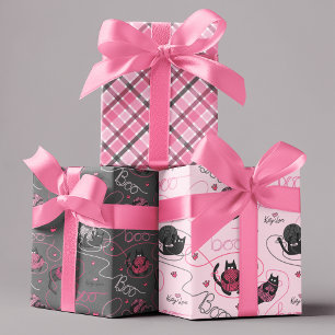 Pink and Grey Spooky Kittens "Kitty Love" Wrapping Paper Sheet