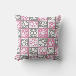 Pink and grey squares design throw pillow