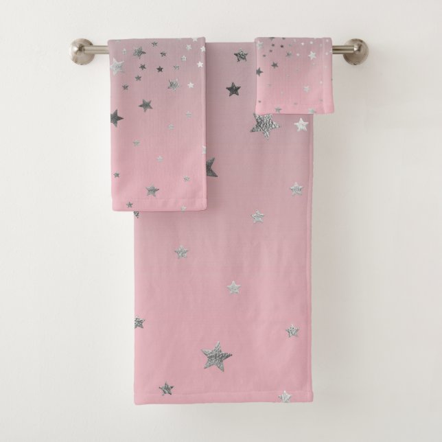 Pink And Grey Stars Ombre Stylish Chic Modern Bath Towel Set (Insitu)