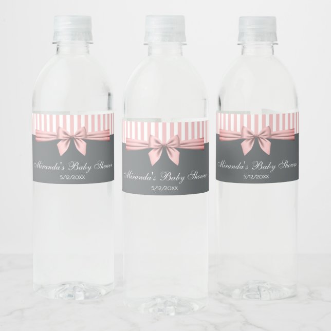 Pink and Grey Striped Bow Baby Shower Water Bottle Label (Bottles)
