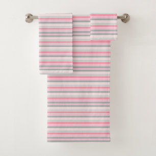 Pink and Grey Stripes Bath Towel Set