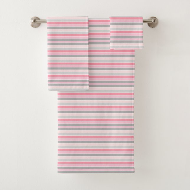 Pink and Grey Stripes Bath Towel Set (Insitu)