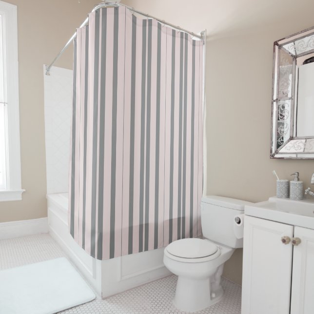 pink and grey stripes shower curtain (In Situ)