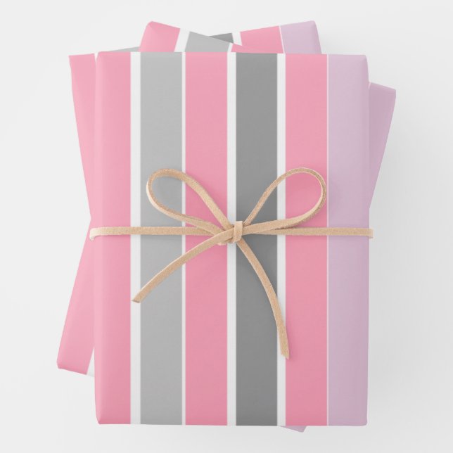 Pink and Grey Stripes Wrapping Paper Sheet (In situ)