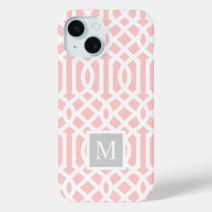 Pink and Grey Trellis Monogram Editable Colours iPhone 15 Case