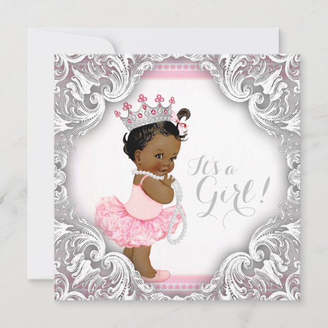 Pink and Grey Tutu Ethnic Girl Baby Shower Invitation (Front)