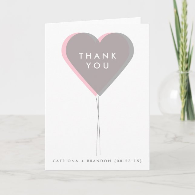 Pink and Grey Twin Hearts Wedding Thank You Card (Front)
