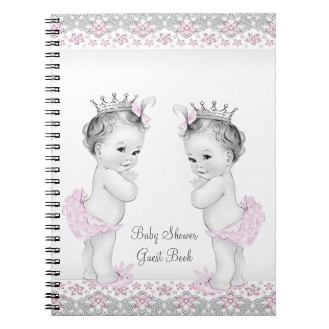 Pink and Grey Twins Baby Shower Guest Book (Front)