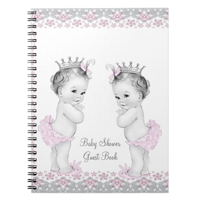 Pink and Grey Twins Baby Shower Guest Book (Front)