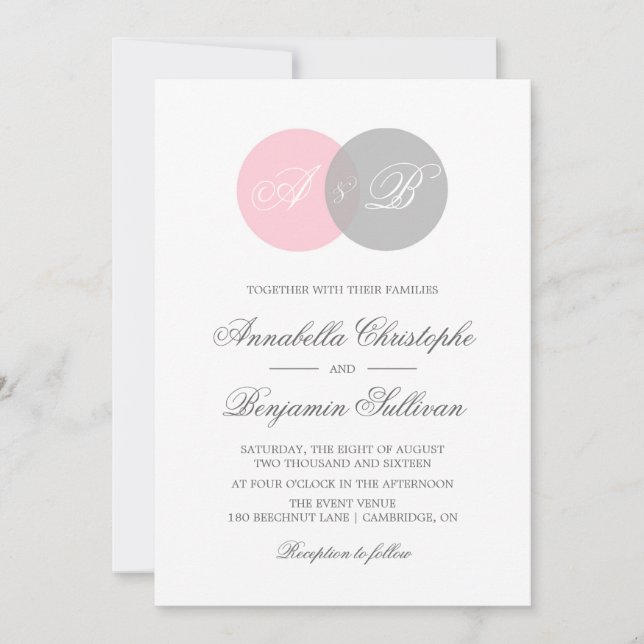 Pink and Grey Venn Diagram Wedding Invitation (Front)