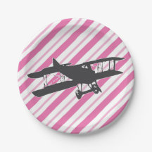 Pink and Grey Vintage Aeroplane Paper Plates